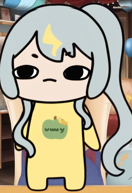 ClaraUwU, 1girl, solo, chibi, long hair, chibi only, black eyes, yellow shirt, side ponytail