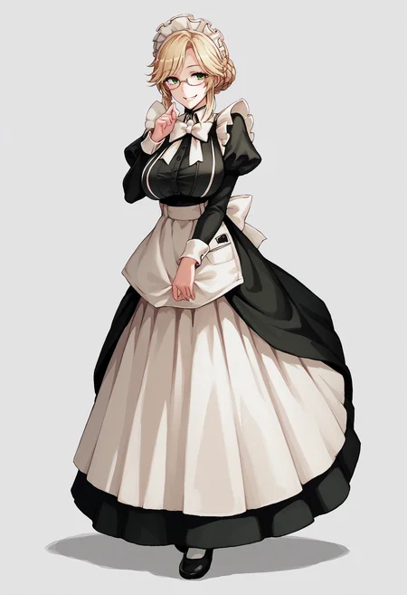 score_9, score_8_up, score_7_up, source_anime BREAK  1girl, solo, white background, simple background, full body, <lora:kenkoucross-artist-richy-v1_pdxl:1>  <lora:ade-nikke-richy-v1_pdxl:0.8> ade, green eyes, glasses, blonde hair, bangs, braid, hair bun, maid, maid headdress, white bow, juliet sleeves, puffy sleeves, frills, maid apron, large breasts, smile, looking at viewer, mary janes,