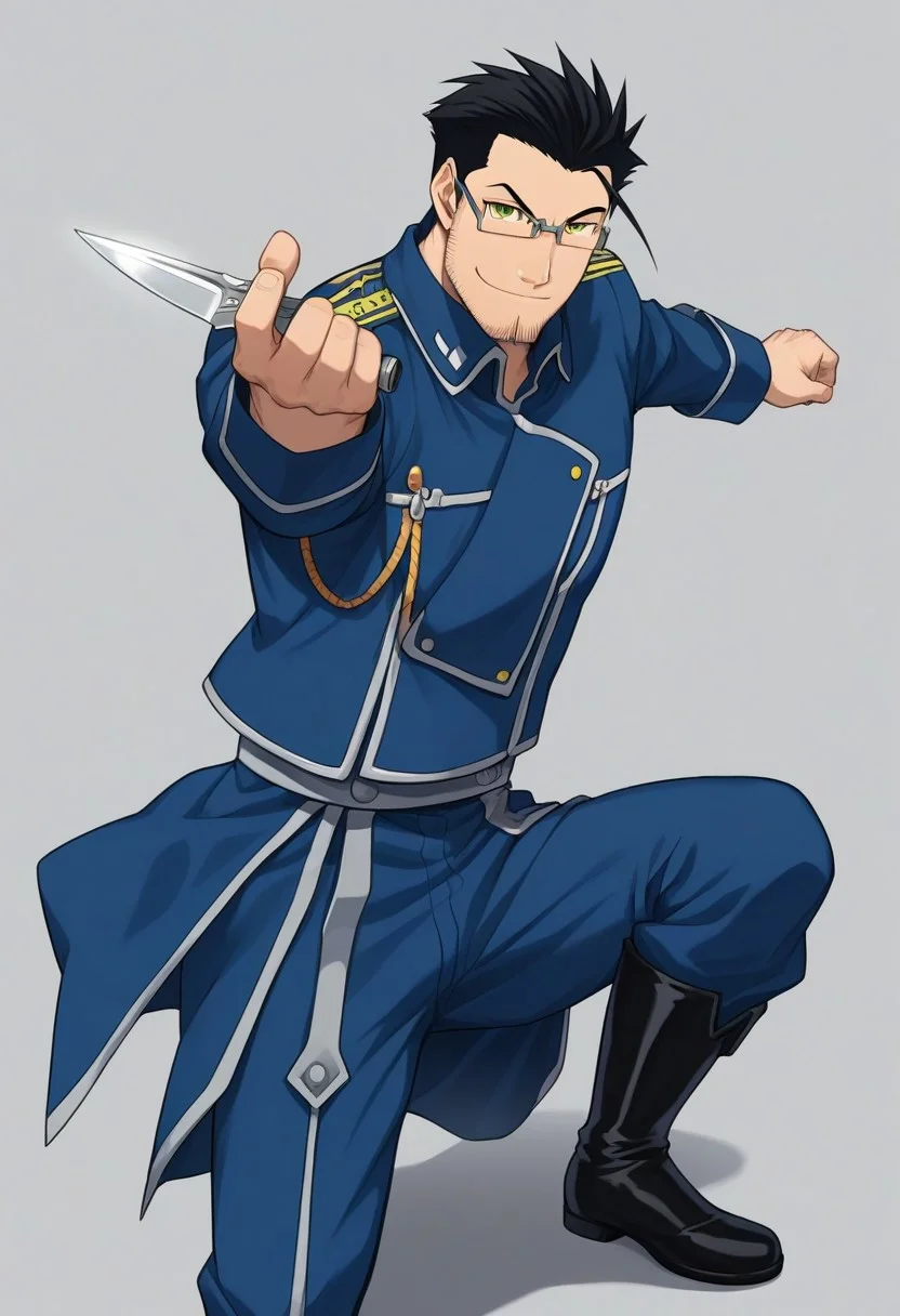 score_9, score_8_up, score_7_up, score_6_up, perfect anatomy, perfect proportions, best quality, masterpiece, high_resolution, high quality, aesthetic, absurdres, (male focus), solo male, Maes Hughes, Berhughes, Berhughes_uniform, source_anime \(Fullmetal Alchemist), anime coloring \(Fullmetal Alchemist\), black hair, ahoge, hazel-green eyes, sideburns, facial hair, chinstrap stubble, jawline stubble, rectangular glasses, Amestrian State Military uniform \(Fullmetal Alchemist\), blue Alchemist jacket \(Fullmetal Alchemist\), blue jacket, overlap jacket, blue Alchemist pants\(Fullmetal Alchemist\), blue pants, (blue Amestrian butt cape \(Fullmetal Alchemist\), blue butt cape), grey Amestrian waistband, grey waistband, black boots, adult, mature, masculine, manly, handsome, charming, alluring, upper body, dutch angle, cowboy shot, serious, smirk, look at viewer, holding, weapon, Hughes’ throwing knife,
(fighting stance), one one knee, simple background