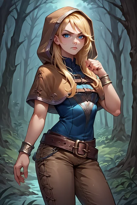 score_9, score_8_up, score_7_up, score_6_up, source_anime, 1girl, solo, <lora:lux-pdxl-nvwls-v1-000005:1> spellthieflux, blonde hair, blue eyes, hood, capelet, blue shirt, sleeveless, belt, bracelet, brown pants, boots, forest, night, dark forest, looking at you, serious