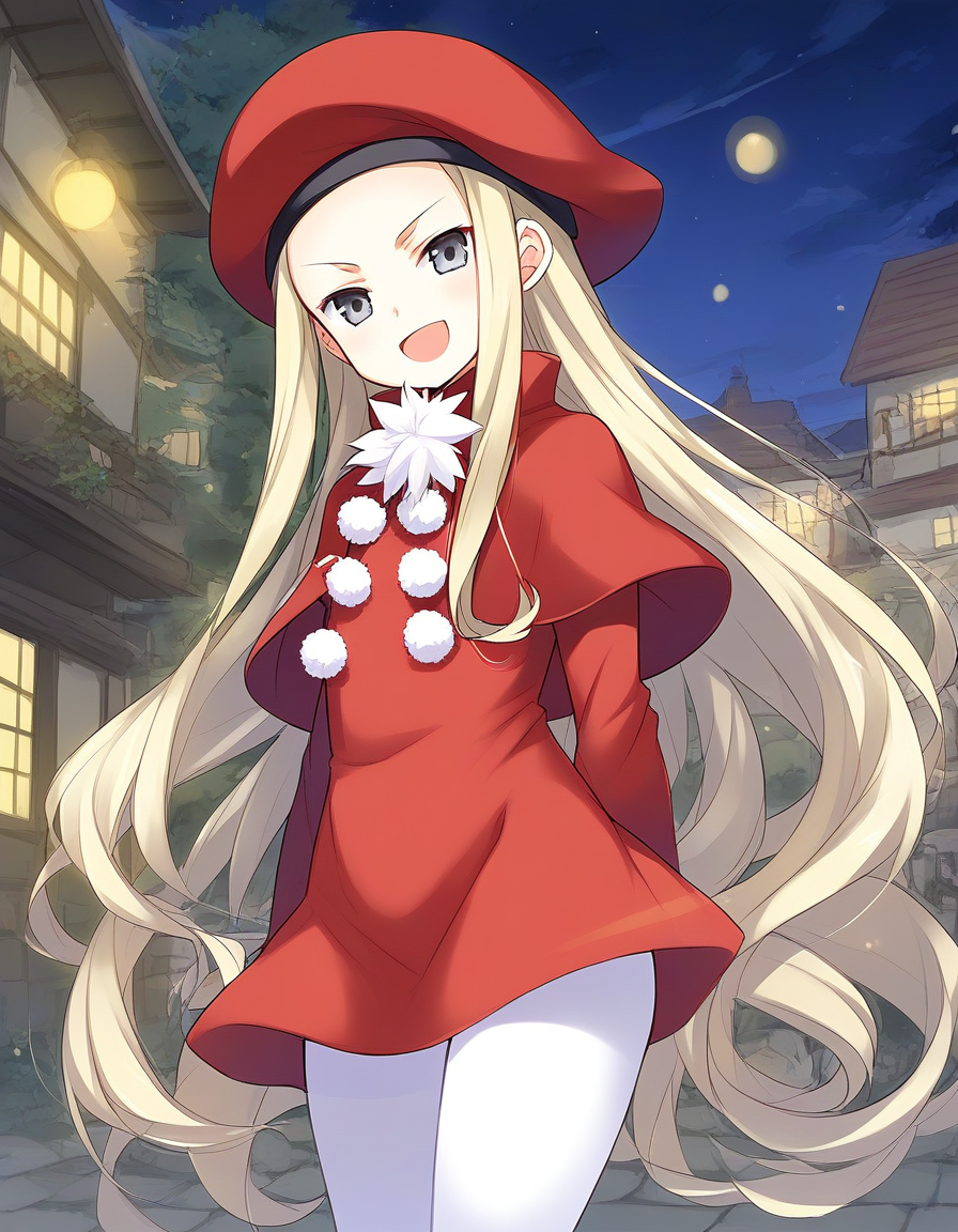 score_9, score_8_up, score_7_up, source_anime, rating_explicit, BREAK  <lora:Belfraw_Martini_Ver2.0_XL:1> Belfraw_Martini, 1girl, solo, very long hair, blonde hair, grey eyes,  bangs, short stack, no hat,
1girl, solo,  open mouth,  pom pom (clothes), capelet, sky, :d,  long sleeves, white pantyhose, red skirt,
outdoor, town, tree, night,
serious, smile,
looking at viewer, 
cowboy_Shot,