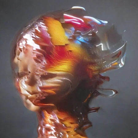 A close-up left facing profile portrait, a beautiful brunette woman made of glass, colorful light from hoph fibration bundles dramatically distorting her features