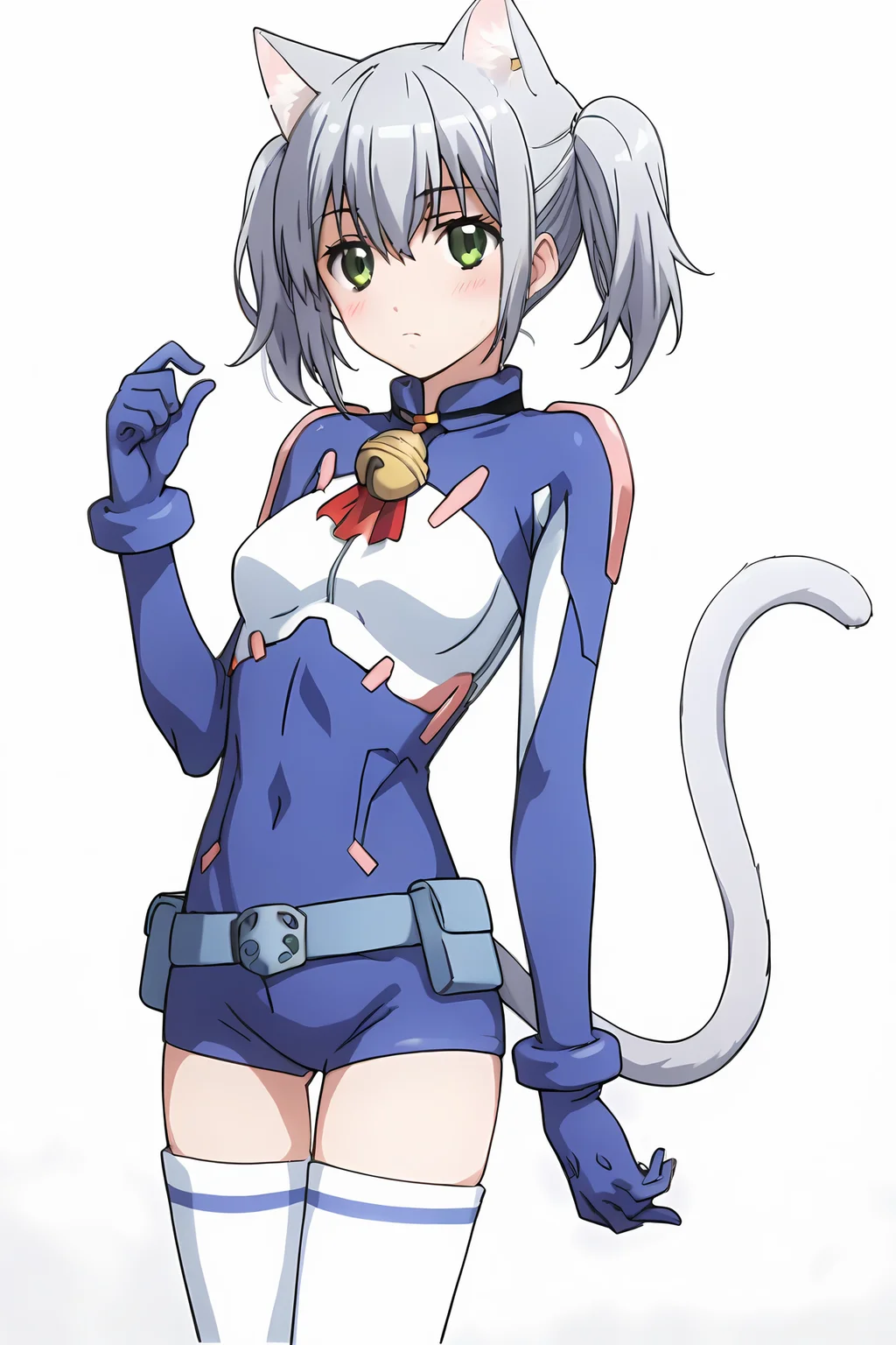 (blue bodysuit belt gloves white thighhighs thigh boots:1.50), cpc-chaika, short hair, short twintails, bangs, sidelocks, grey hair, hair between eyes, green eyes, cat ears, cat tail, neck bell,
1girl, solo, skinny, (source_anime, score_9, score_8_up, score_8, score_7_up), score_7, score_6_up, score_6, score_5_up, score_5,
(blush:1.40),
(simple background:1.10),
(standing:1.60), (feet:1.10),
medium breasts
<lora:cpc-chaika-V01:0.80>