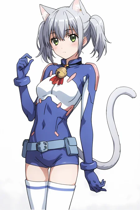 (blue bodysuit belt gloves white thighhighs thigh boots:1.50), cpc-chaika, short hair, short twintails, bangs, sidelocks, grey hair, hair between eyes, green eyes, cat ears, cat tail, neck bell,
1girl, solo, skinny, (source_anime, score_9, score_8_up, score_8, score_7_up), score_7, score_6_up, score_6, score_5_up, score_5,
(blush:1.40),
(simple background:1.10),
(standing:1.60), (feet:1.10),
medium breasts
<lora:cpc-chaika-V01:0.80>