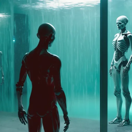 in front of an creepy aqua frosted mirrorpanel seeing through it there are creepy humanoid artificial intelligence and a bright light behind it