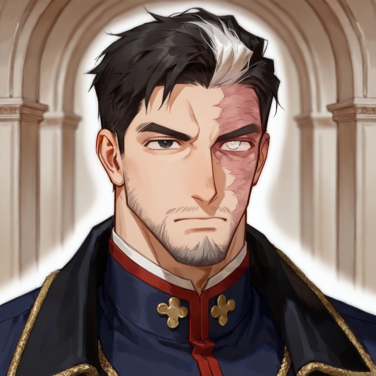 <lora:Roxant_Kroemer__Bring_The_Love-000008:.5>, 1boy, two-tone hair, burn scar, heterochromia, kroameroxant, imperial clothes
mature man
upper body, face focus, looking at the viewer, 
(very short hair, beard, bara, mature, facial hair, stubble, beard, full beard, sideburn, beard, a lot of beard, ), facial hair,male focus, muscular male, muscular male, bara, mature,  bara, mature, aixiwuganda_(20222192), very awa, masterpiece, best quality, absurdres, newest, perfect quality, detailed background, intricate details,
<lora:slider_Body Type_alpha1.0_rank4_noxattn_last:3><lora:style_Anime Summer Days 2 Style SDXL_LoRA_Pony Diffusion V6 XL:.6><lora:slider_cfg_scale_boost:.7><lora:face_Artist6p-10:.55>, Artist6p, Artist04p,<lora:slider_il_brightness_slider_d1:-1><lora:slider_il_contrast_slider_d1:-1><lora:slider_DarkSlider1.2_alpha1.0_rank16_full_300steps:-.6>