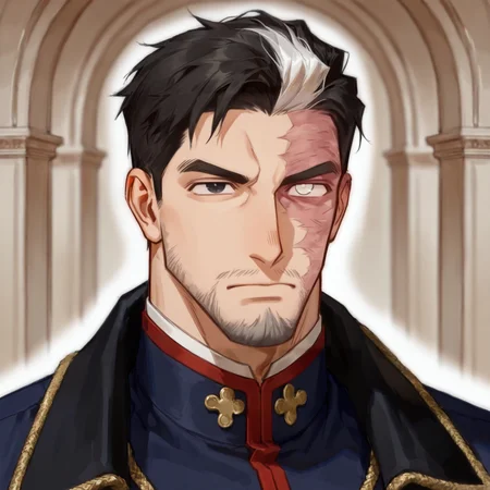 <lora:Roxant_Kroemer__Bring_The_Love-000008:.5>, 1boy, two-tone hair, burn scar, heterochromia, kroameroxant, imperial clothes
mature man
upper body, face focus, looking at the viewer, 
(very short hair, beard, bara, mature, facial hair, stubble, beard, full beard, sideburn, beard, a lot of beard, ), facial hair,male focus, muscular male, muscular male, bara, mature,  bara, mature, aixiwuganda_(20222192), very awa, masterpiece, best quality, absurdres, newest, perfect quality, detailed background, intricate details,
<lora:slider_Body Type_alpha1.0_rank4_noxattn_last:3><lora:style_Anime Summer Days 2 Style SDXL_LoRA_Pony Diffusion V6 XL:.6><lora:slider_cfg_scale_boost:.7><lora:face_Artist6p-10:.55>, Artist6p, Artist04p,<lora:slider_il_brightness_slider_d1:-1><lora:slider_il_contrast_slider_d1:-1><lora:slider_DarkSlider1.2_alpha1.0_rank16_full_300steps:-.6>