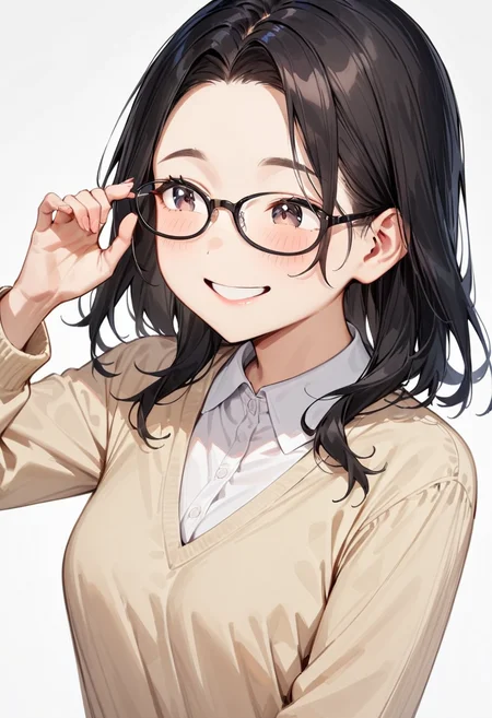 masterpiece, best quality, very aesthetic, absurdres,
1girl, solo, black hair, long hair,
oval_cell, glasses, black-framed eyewear,
collared shirt, happy, smile, looking at another, adjusting eyewear, white background, simple background,
<lora:oval_glasses_cell-frame2_SDXL_V1:0.8>