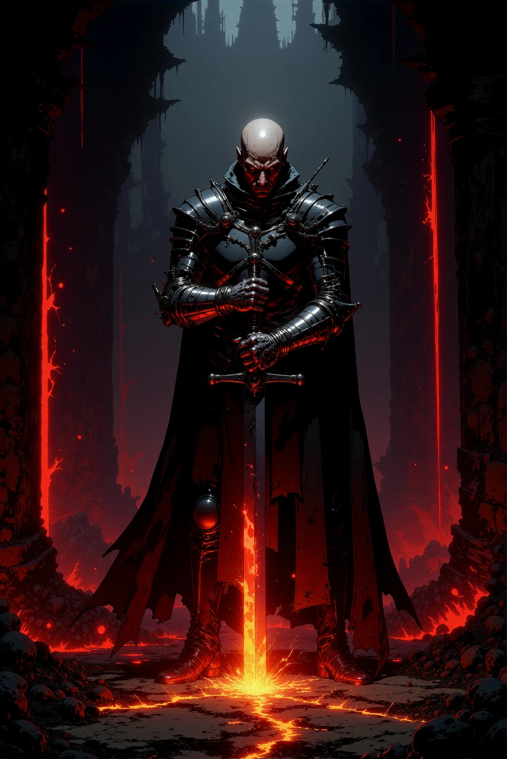 <lora:DGLO_style_v.7:0.75> DGLO style. In a dim, gothic chamber lit only by streaks of red light piercing through cracks in the stone walls, a bald, gaunt knight stands resolute, gripping a two-handed sword that radiates fiery energy. His armor is an intricate fusion of medieval design and cybernetic enhancements, with jagged metal plates and exposed wires glowing faintly crimson. The cloak draped over his shoulders seems alive, dissolving into shadow as it trails behind him. The floor beneath his boots is cracked and glowing with molten energy, as if the knight's presence alone scorches the earth. Sparks and ash drift through the air, creating a suffocating, apocalyptic atmosphere. Camera angle: centered and slightly below eye level, highlighting the eerie symmetry of the knight and the ominous glow of his weapon.