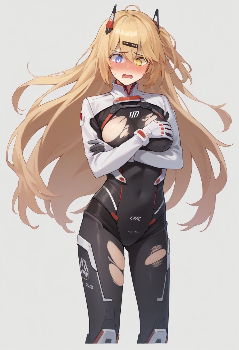 score_9, score_8_up, score_7_up, source_anime, BREAK
standing, blonde hair, heterochromia, blue eyes, yellow eyes, mg36plugsuit, very long hair, hair ornament, bodysuit, black bodysuit, torn clothes, exploding clothes, open mouth, covering self, arm over breasts, blushing, embarrassed