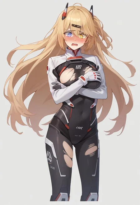 score_9, score_8_up, score_7_up, source_anime, BREAK
standing, blonde hair, heterochromia, blue eyes, yellow eyes, mg36plugsuit, very long hair, hair ornament, bodysuit, black bodysuit, torn clothes, exploding clothes, open mouth, covering self, arm over breasts, blushing, embarrassed