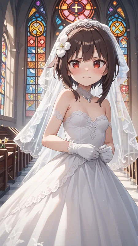 stained glass, church,altar, , <lora:Megumin_V2_Pony:0.8> Meguminn,:short_hair,1girl, sidelocks, brown_hair, red_eyes, small_breasts , blush, smirk<lora:Bridal_Dress_Pony:0.8> wedding dress embarrassed,, bridal veil, , flower, , gloves,, score_9, score_8_up,score_7_up,score_6_up,