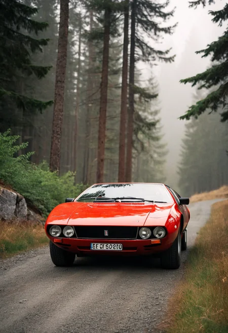 ClassicSportsCar, gleaming red DeTomaso Mangusta, front view, path in Swiss Alps forest, foggy, pine trees, 4K, highly detailed, (stylish grainy analog 35mm film photo, )