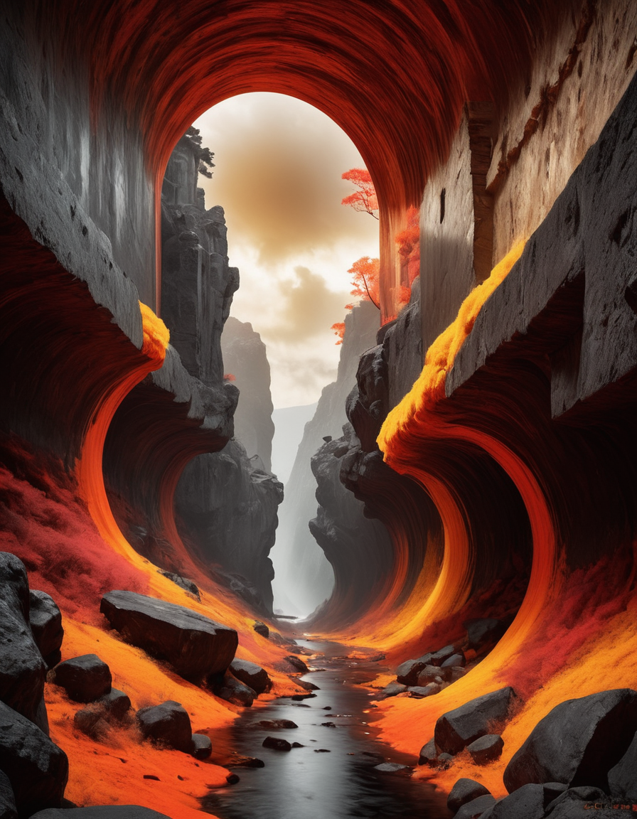 Surrealist art <lora:CivitAI__Style_Fusion_-_FFusionAI_Entry_64DIM:0.8>, CivitAI Fusion Style, Warm Colors, Color splash, Rembrandt van Rijn, Fauvism, Photograph, (Juyongguan Pass:1.1) from inside of a Dominica, it is Ancient, Gamercore, Monochromatic Alabaster filter, Boris Vallejo, Magali Villeneuve . Dreamlike, mysterious, provocative, symbolic, intricate, detailed