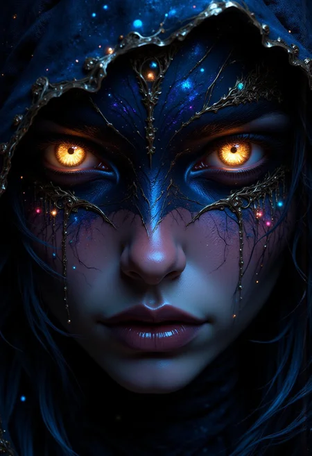 A close-up of the Sorceress' enigmatic eyes, swirling with intricate celestial patterns of galaxies, stars, and nebulas, their glowing light casting delicate highlights on her brows and lashes. The chiaroscuro style heightens the drama, with intense shadows framing her face and a soft celestial glow illuminating her features. The color palette of rich blues, purples, and shimmering golds contrasts beautifully with the deep shadows, creating a visually arresting image of infinite mystery and allure.
