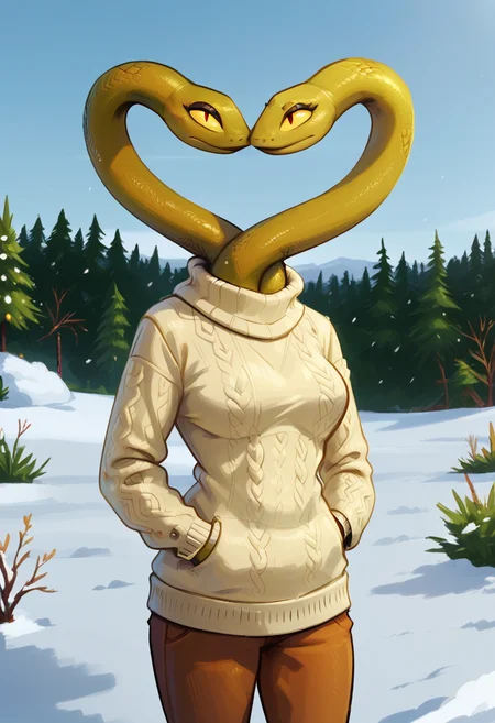 score_9, score_8_up, score_8, <lora:Life_Adventure_Time_for_PonyXL:0.8> 1girl, l1fe, snake girl, conjoined, multi head, solo, sweater, snow, outdoors, hands in pocket, beanies,