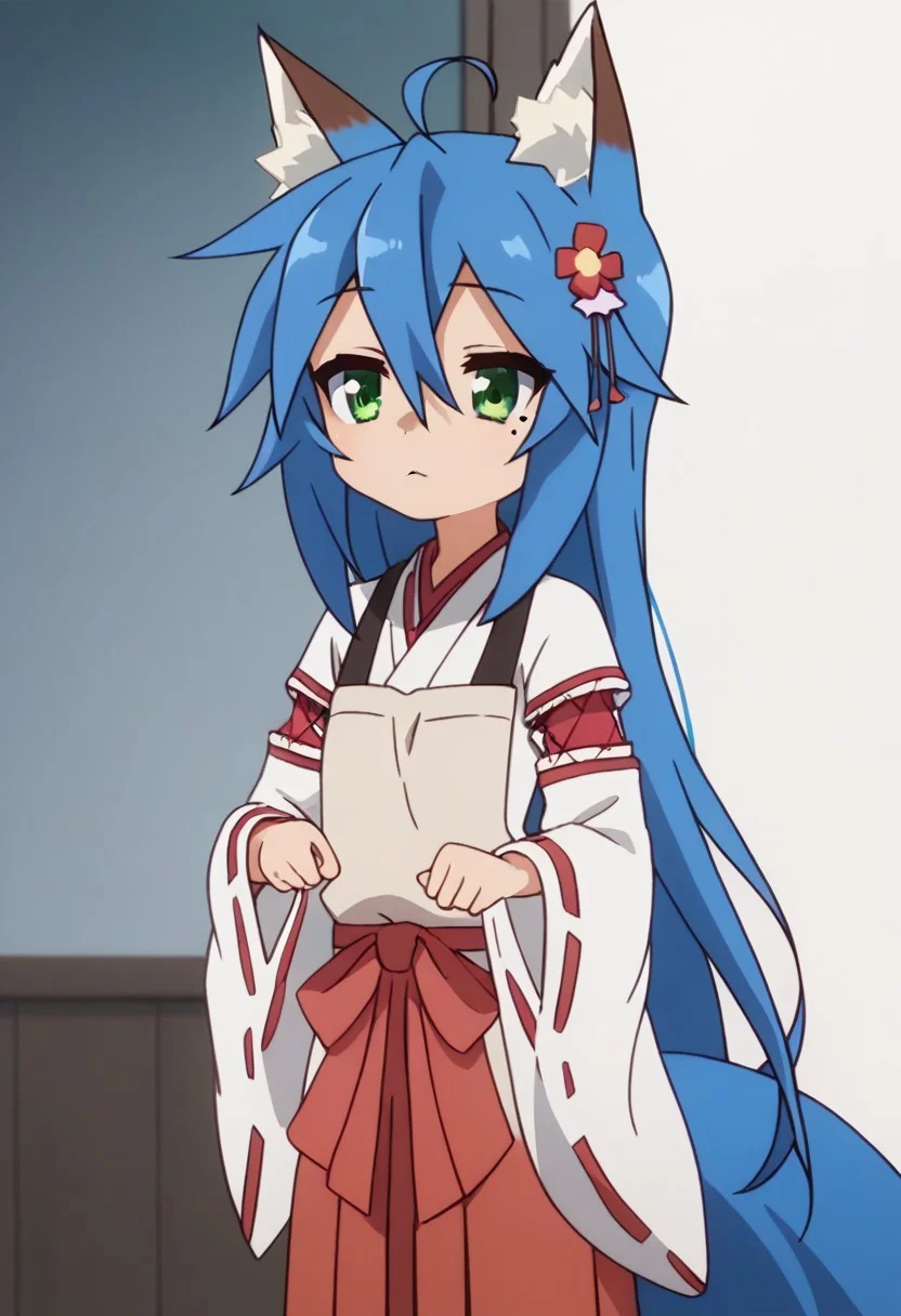 score_9, score_8_up, score_7_up,source_anime, masterpiece, ultra detailed, highres, 4k, best quality, konata izumi, long hair, very long hair, green eyes, blue hair, ahoge, mole, mole under eye, hair ornament, animal ears, hair between eyes, flower, hair flower, animal ear fluff, fox ears, red flower, fox girl, long sleeves, tail, japanese clothes, wide sleeves, kimono, apron, ribbon trim, hakama, hakama skirt, ribbon-trimmed sleeves, white kimono, miko, brown apron, 1girl, solo,