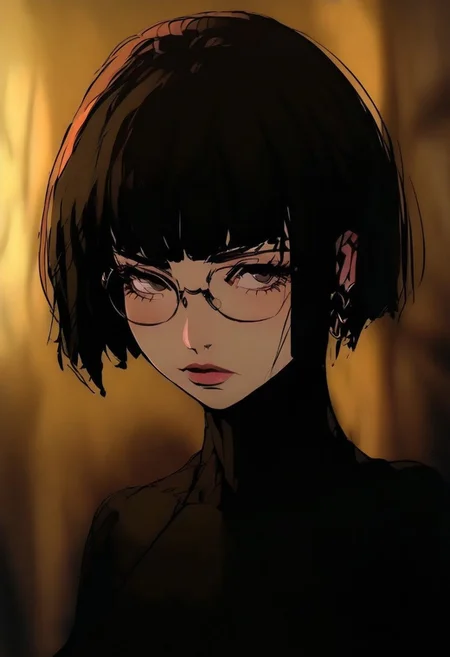 gthan, 1girl, solo, short hair, brown hair, gold hoop earrings, looking at viewer, gold necklace, portrait, closed mouth, turtleneck, blurry background, in a library, lips, piercing, blurry, bob cut, eyelashes, black eyes,short hair,natural sagging breasts, blush, 50yo, librarian, short brown hair inverted bob haircut, square black eyeglasses,alternative vibe,