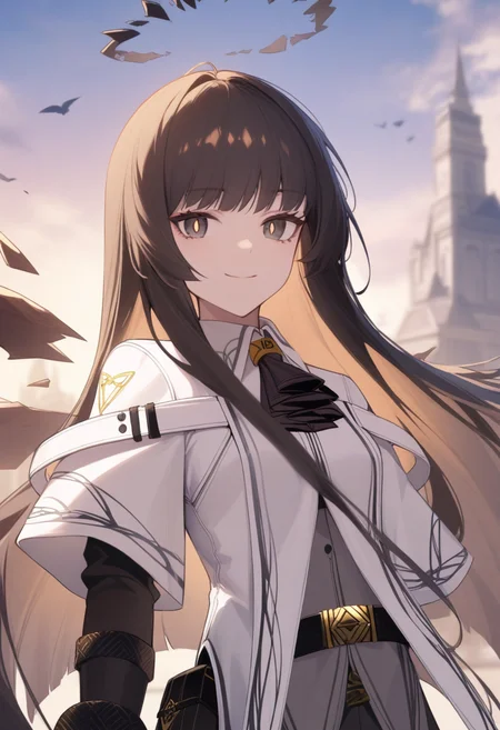 masterpiece,best quality,very aesthetic,absurdres,<lora:zettai_ryouiki_xl:1>,1girl, collared jacket, black ascot, solo, short over long sleeves, wide sleeves, outdoors, white jacket, closed mouth, belt pouch, strap, wing collar, blurry background, upper body, building, black gloves, bird, looking at viewer, yellow pupils, standing, day, light smile, depth of field, belt buckle, cloudy sky, bustier, black belt, blue sky, small breasts, sunlight, dress shirt, buttons, backlighting, black shirt, looking to the side, grey shirt, architecture, looking afar