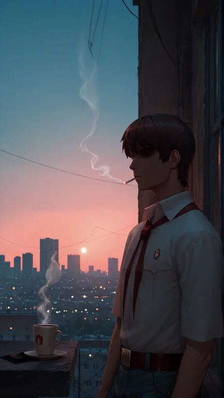 cinematic film still cinematic photo masterpiece, best quality,
<lora:sembl:1> psembl, 1boy, solo, male focus, brown hair, shirt, white shirt, faceless, necktie, short sleeves, hair over eyes, belt, shaded face, closed mouth  <lora:dark_v1.9-pony:1>city, night city, Smoking, looking away <lora:NOOB_vp1_detailer_by_volnovik_v1:1> <lora:ebenya:1>ebenya, building,  denim, outdoors, sunset, city, sky, evening, standing,, outdoors, power lines,a dimly lit room, a person sitting by a window, holding a vape or cigarette, soft smoke curling in the air, a cup of coffee on the table, city lights visible outside, a calm and introspective mood, minimalistic and moody vibe, warm and cool lighting contrast . 35mm photograph, film, bokeh, professional, 4k, highly detailed . shallow depth of field, vignette, highly detailed, high budget Hollywood movie, bokeh, cinemascope, moody, epic, gorgeous, film grain, grainy