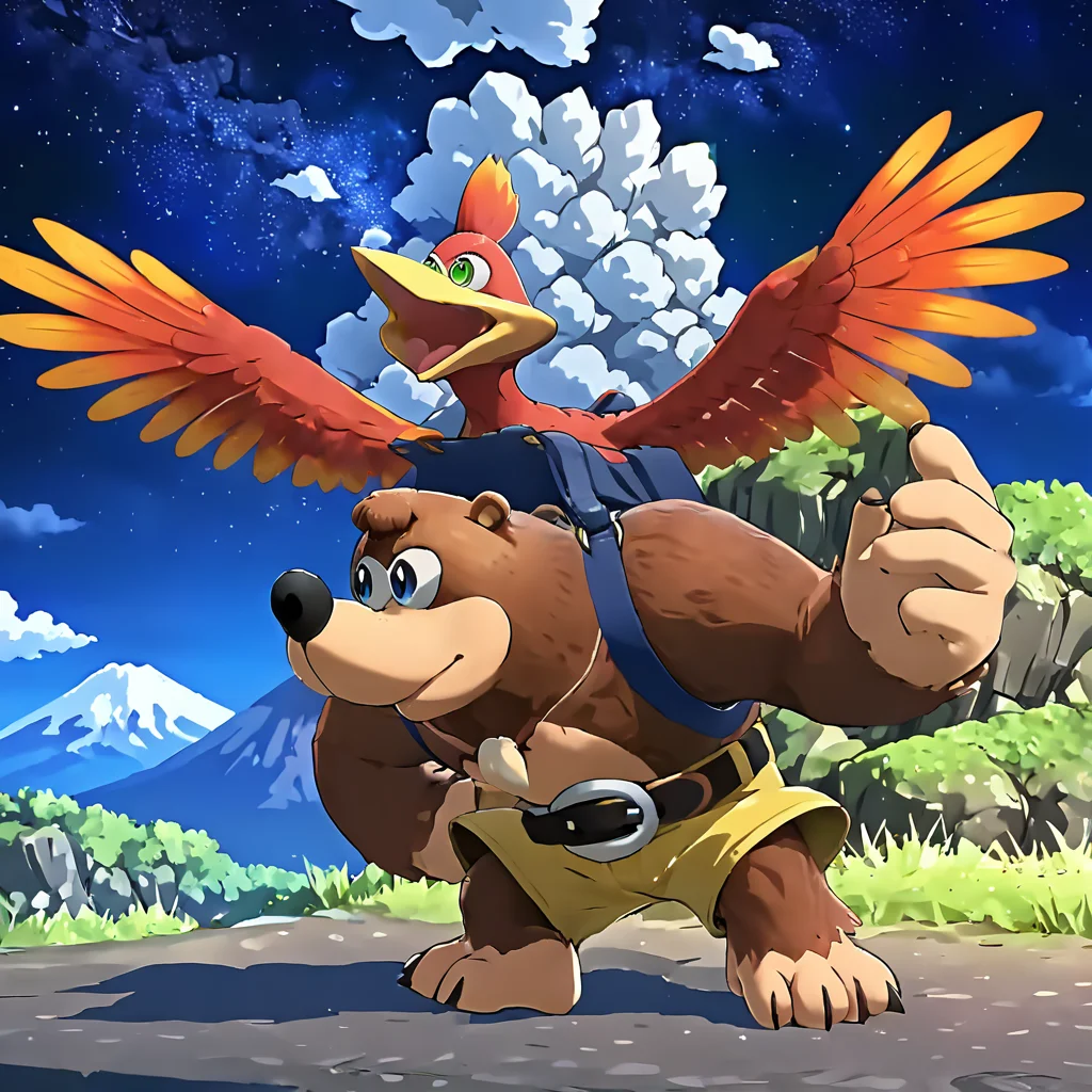 BanjoKazooieXL, bird on bear, wings, volcano, night, ash falling, <lora:BanjoKazooie_XL-8:.9>, (anime, masterpiece, intricate:1.3), (best quality, hires textures, high detail:1.2), (4k),(incredibly detailed:1.4),UHD, 8K, ultra detailed