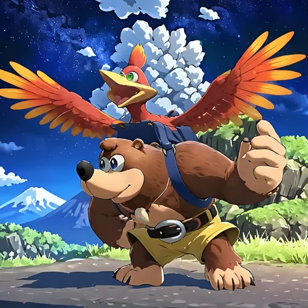 BanjoKazooieXL, bird on bear, wings, volcano, night, ash falling, <lora:BanjoKazooie_XL-8:.9>, (anime, masterpiece, intricate:1.3), (best quality, hires textures, high detail:1.2), (4k),(incredibly detailed:1.4),UHD, 8K, ultra detailed