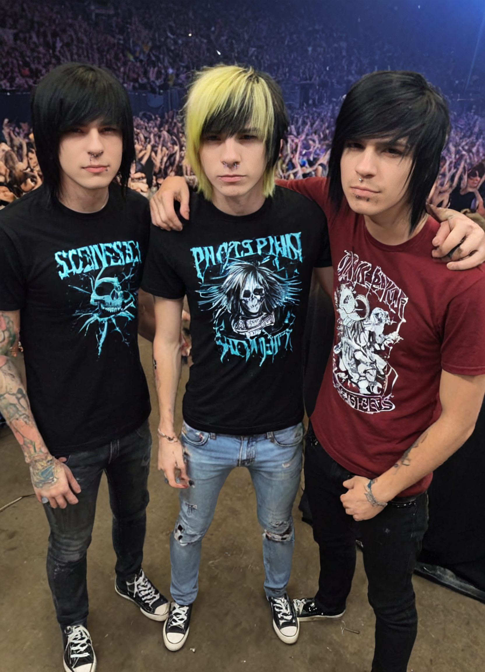 3boys, sceneboy, multiple men, tattoos, lip piercing, standing in a concert mosh pit, hair over one eye, swept bangs, vibrant colors, shirt, skinny jeans, old worn converse, straight multicolored hair, black hair, blonde hair, Canon 35mm, 
 <lora:neoncolors2_lora_f16:0.7000000000000002> <lora:sceneboys-000007:1.0000000000000002>