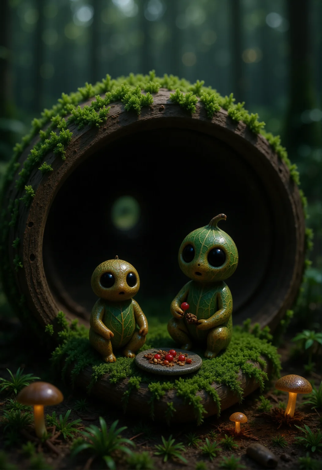 In a quiet corner of the forest, inside the wide base of a fallen log, a tiny Kodama family shares a peaceful moment together. The smallest Kodama sits on a curled leaf, cradled in the lap of a parent who gently polishes its round head with a strip of soft moss. Another adult Kodama crouches nearby, carefully arranging a dinner of crushed berries and seeds on a smooth stone platter, their large dark eyes focused with care. A sibling Kodama peers through a crack in the log wall, watching fireflies drift through the towering grass outside. Around them, acorn shells serve as bowls, curled bark forms a low table, and glowing mushrooms light the interior with a soft amber glow. Everything in their world is oversizedâeach leaf a roof, each twig a beamâemphasizing their small, hidden life full of quiet care and gentle connection. <lora:Kodama_V1:1>