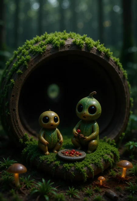 In a quiet corner of the forest, inside the wide base of a fallen log, a tiny Kodama family shares a peaceful moment together. The smallest Kodama sits on a curled leaf, cradled in the lap of a parent who gently polishes its round head with a strip of soft moss. Another adult Kodama crouches nearby, carefully arranging a dinner of crushed berries and seeds on a smooth stone platter, their large dark eyes focused with care. A sibling Kodama peers through a crack in the log wall, watching fireflies drift through the towering grass outside. Around them, acorn shells serve as bowls, curled bark forms a low table, and glowing mushrooms light the interior with a soft amber glow. Everything in their world is oversizedâeach leaf a roof, each twig a beamâemphasizing their small, hidden life full of quiet care and gentle connection. <lora:Kodama_V1:1>