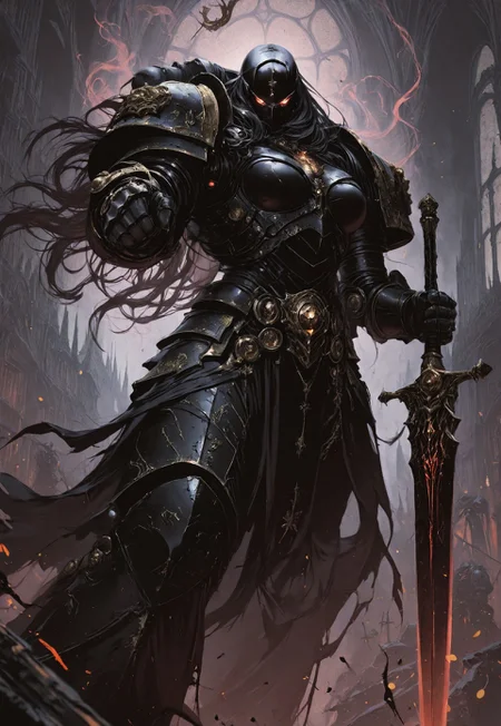 masterpiece, best quality, high quality, 
newest, highres, 8K,HDR,
absurdres, 

dynamic angle, 
realistic, 

1girl, 
BlackT40k, 
power armor, 
long hair, 
weapon, 
glowing eyes, 
dark fantasy, 
holding sword, 
floating, 
ethereal aura, 
white and black color scheme, 
armored gauntlets, 
golden ornaments, 
looking at viewer, 
battle stance, 
supernatural energy, 
shadowy background, 

gothic architecture, 
dynamic pose, 
dramatic lighting, 

detailed background, 
depth of field, 
foreshortening, 
detailed background, 
dynamic pose, 
dynamic composition,
dutch angle, 
foreshortening,
blurry edges, 
<lora:ILLIronW40k:1>