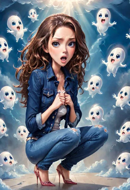 Photorealistic chibi art style, a beautiful woman in jeans and high heels, facing the viewers pretending to be scared, both hands on face, artistic, artist, simple volumtric light background, swirling clouds, ColorART, many cute ghosts with tongues out, chibi,