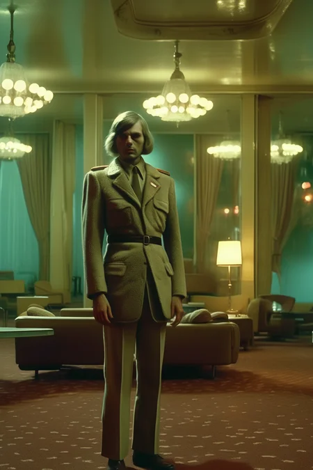 <lora:Director Rainer Werner Fassbinder style:1>Director Rainer Werner Fassbinder style - film still, 70s, cyberpunk, czechoslovak, socialism, hotel interior, dim lit space, at night, 35mm, cinematic, cinematic lighting, ultrarealistic, photorealistic, extremely detailed, intricate details, epic angle, epic composition, award-winning, high-resolution, 32k