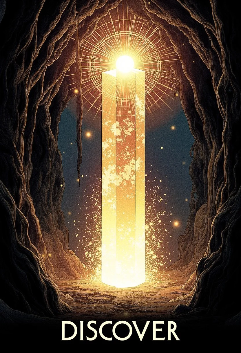 Glowing crystal in a dark cavern, poster with the text “DISCOVER”, visual flourishes of light rays and sparkling particles, illustration in the style of ARTNV