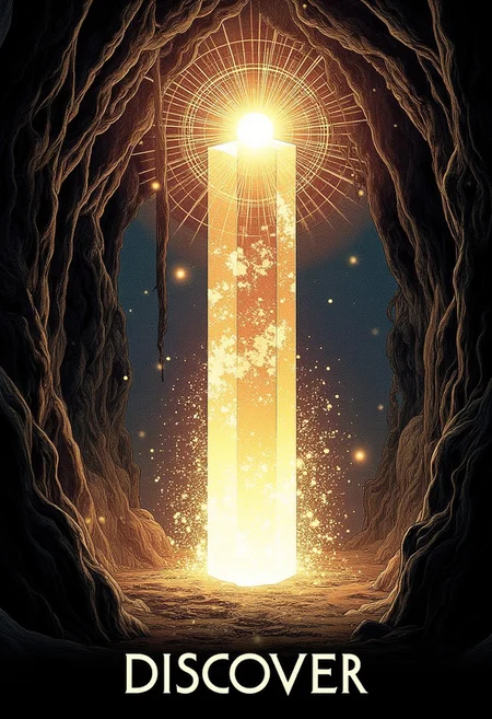 Glowing crystal in a dark cavern, poster with the text “DISCOVER”, visual flourishes of light rays and sparkling particles, illustration in the style of ARTNV