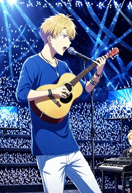 high resolution, solo, best quality, 1Boy, Yamato Ishida, Blond Hair, Necklace, singing, potrait, dept of field, virtual concert, playing musical instrument, necklace, bracelet, sneakers, OverallDetail