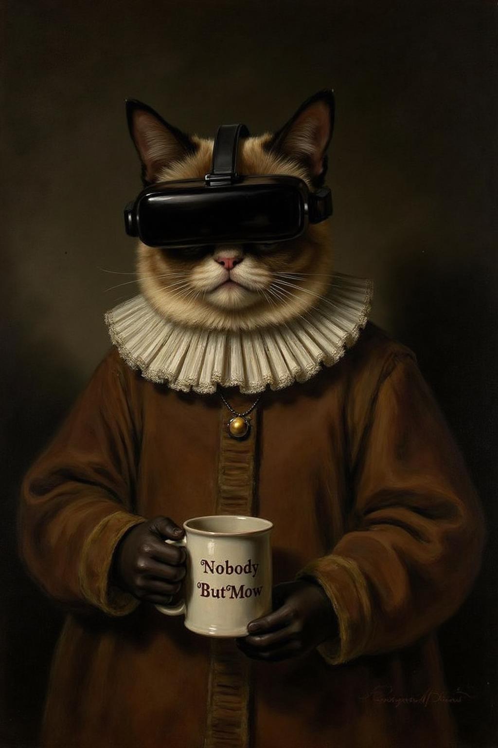 rembr2 oil painting of Grumpy Cat holidng a coffee mug, wearing a VR Headset. The mug has the phrase "NobodyButMeow" printed,  <lora:rembr_paint1_semicap_d6a3:1.0><lora:812154513248204733:0>