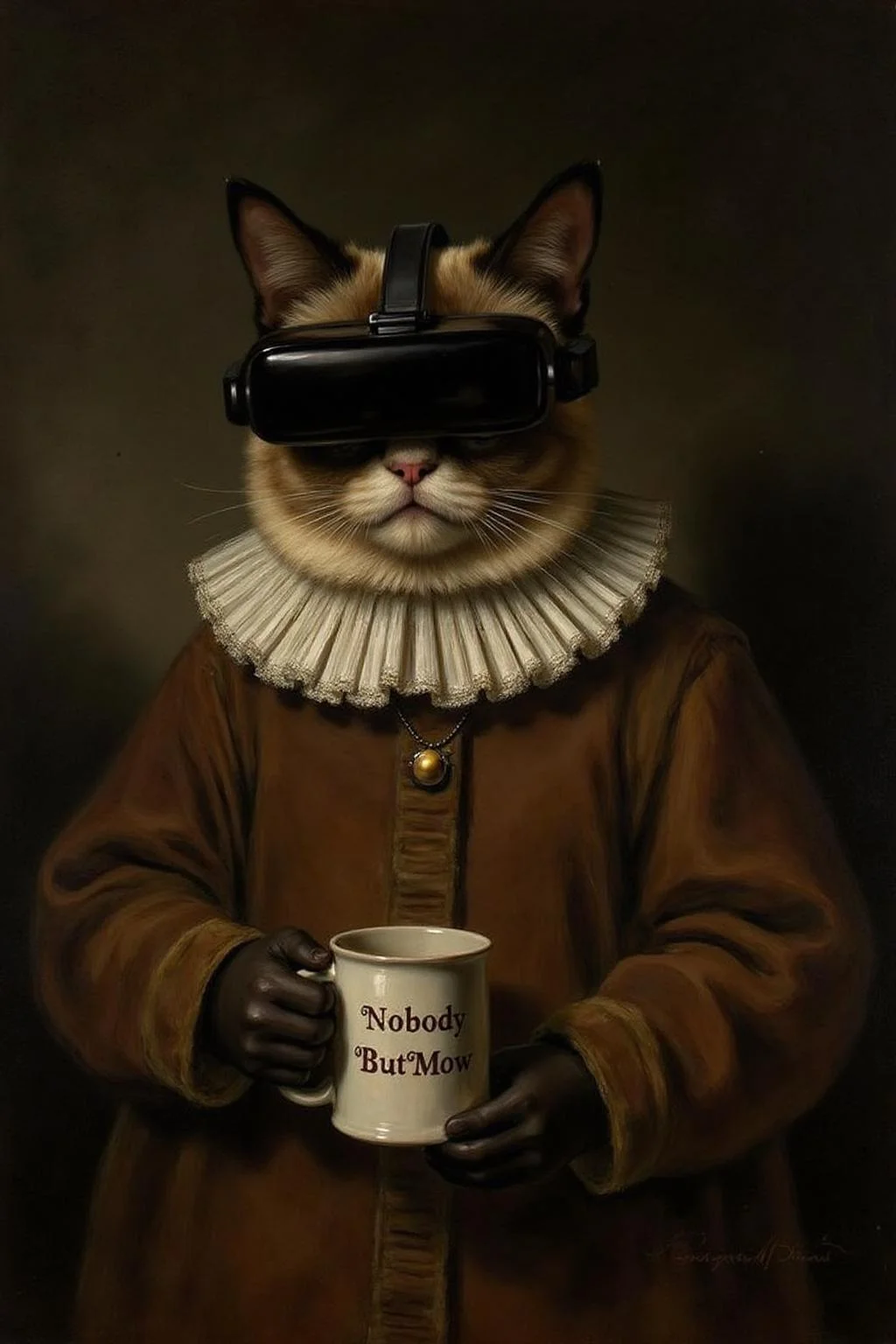 rembr2 oil painting of Grumpy Cat holidng a coffee mug, wearing a VR Headset. The mug has the phrase "NobodyButMeow" printed, <lora:rembr_paint1_semicap_d6a3:1.0><lora:812154513248204733:0>