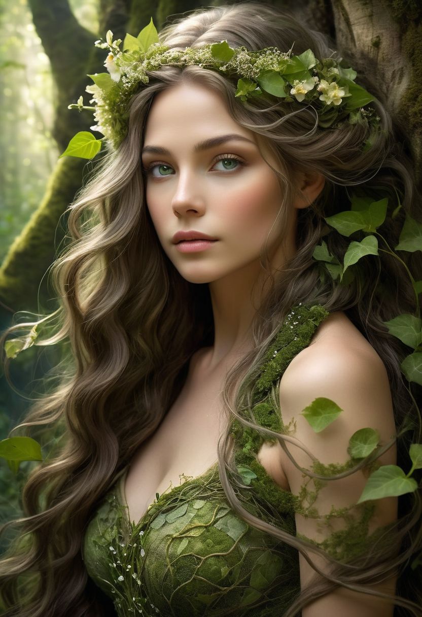 A stunning photograph of a beautiful female earth elemental. She has a serene, ethereal presence, with skin resembling polished stone and earthy tones. Her long, flowing hair is a cascade of vibrant green vines adorned with delicate flowers and leaves. Her eyes are deep, resembling precious gems, and they glow softly with an inner light. She is adorned in a gown made of woven moss, ivy, and delicate petals, seamlessly blending with her natural surroundings. The background features a lush, enchanted forest with towering ancient trees, dappled sunlight filtering through the canopy, and a carpet of colorful wildflowers and rich green foliage. Her expression is calm and wise, reflecting the timeless wisdom of nature. The overall atmosphere is magical and serene, evoking a deep connection to the earth.