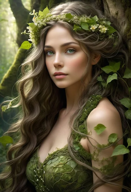 A stunning photograph of a beautiful female earth elemental. She has a serene, ethereal presence, with skin resembling polished stone and earthy tones. Her long, flowing hair is a cascade of vibrant green vines adorned with delicate flowers and leaves. Her eyes are deep, resembling precious gems, and they glow softly with an inner light. She is adorned in a gown made of woven moss, ivy, and delicate petals, seamlessly blending with her natural surroundings. The background features a lush, enchanted forest with towering ancient trees, dappled sunlight filtering through the canopy, and a carpet of colorful wildflowers and rich green foliage. Her expression is calm and wise, reflecting the timeless wisdom of nature. The overall atmosphere is magical and serene, evoking a deep connection to the earth.