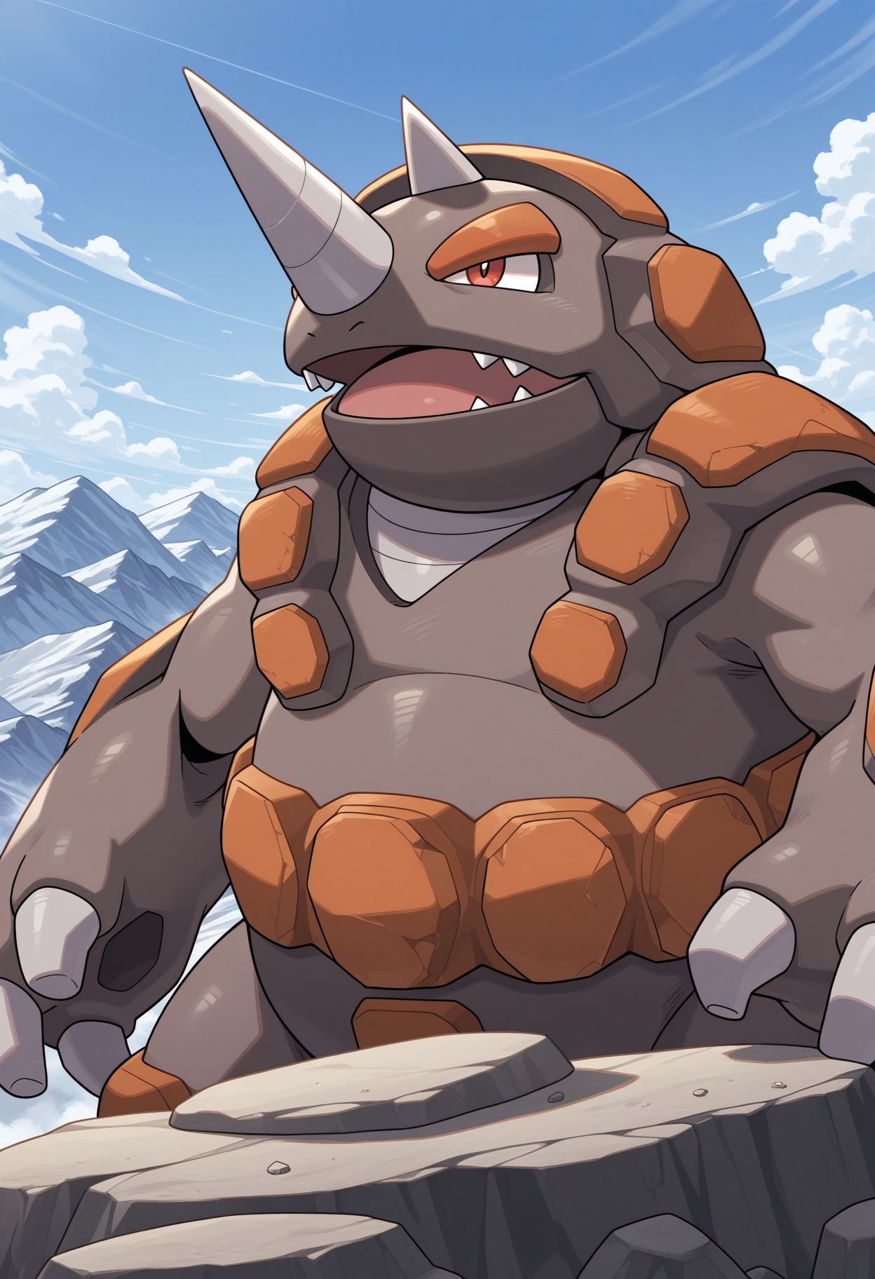 solo, rhyperior, pokemon \(creature\), horn, claws, anthro, red eyes, close-up, feral, sky, clouds, 3 fingers, rock, mountains, wind, three-quarter view, open mouth,
perfect anatomy, masterpiece, perfect quality, best quality, detailed, newest, very aesthetic  <lora:Rhyperior_Pokemon_V1_ILXL:1.0000000000000002>