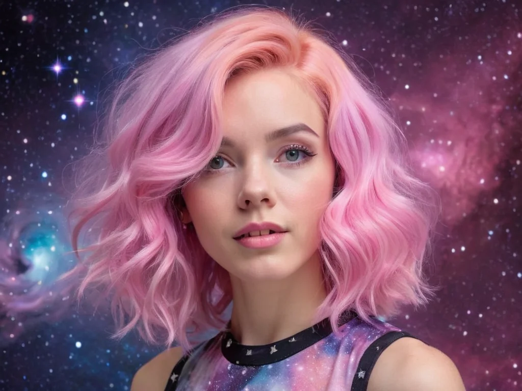 A headshot photo of a female with pastel pink hair styled in loose waves, wearing a galaxy-themed dress, standing in front of a cosmic nebula background.