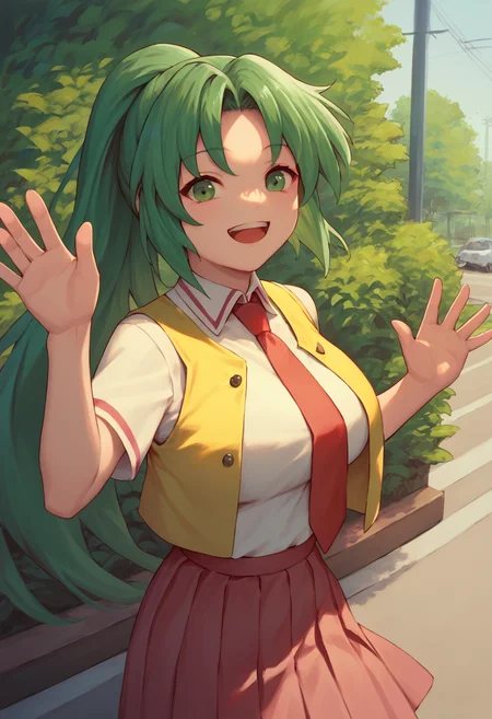 score_9, score_7_up,  1girl,     <lora:bigbear-000042:1> <lora:MionCAME2:1> Mion Sonozaki, green eyes, ponytail, green hair, white shirt, red necktie, yellow vest, red skirt, waving,