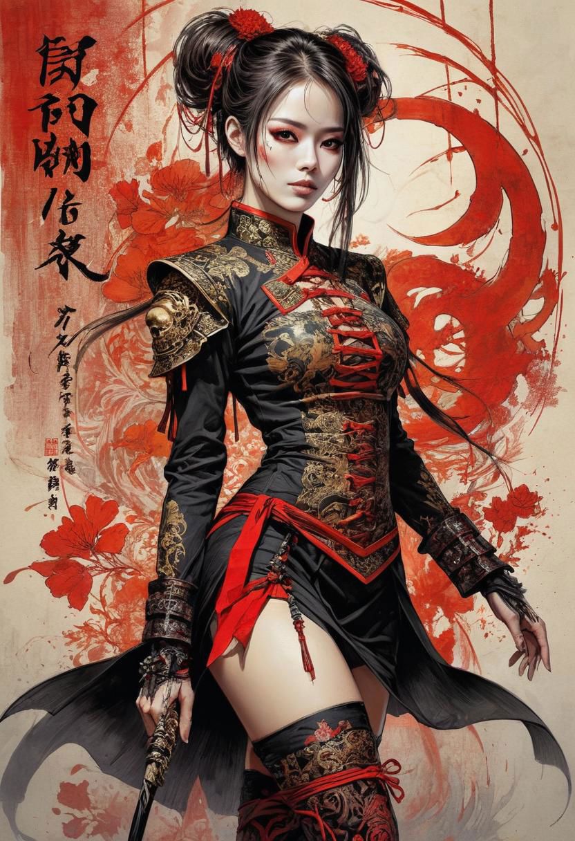 highly detailed linework reminiscent of Carne Griffiths, imbued with Wadim Kashim's bold color and texture, light and airy as Carl Larsson's compositions, sexy skull masked samurai. wearing knee-hight boots, high boots, eye liner, beautiful sexy chinese black short qipao, sexy qipao, red highlights. dark fantasy, featuring Pascal Blanche-style hyper-realistic characters, pastel, elegance, dramatic lighting, expressive camera angle, matte, concept art