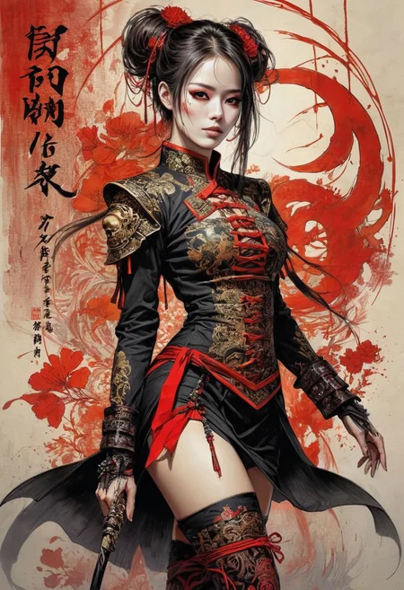 highly detailed linework reminiscent of Carne Griffiths, imbued with Wadim Kashim's bold color and texture, light and airy as Carl Larsson's compositions, sexy skull masked samurai. wearing knee-hight boots, high boots, eye liner, beautiful sexy chinese black short qipao, sexy qipao, red highlights. dark fantasy, featuring Pascal Blanche-style hyper-realistic characters, pastel, elegance, dramatic lighting, expressive camera angle, matte, concept art