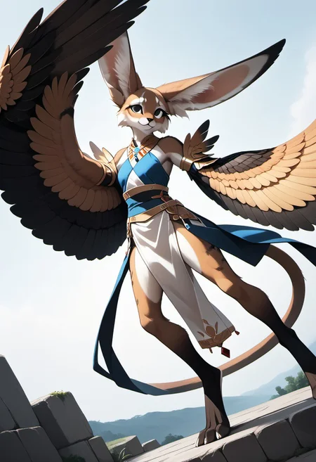 1person, Palagiri, anthro, feline features, feline nose, large ears, ((winged arms)), arms lowered, digitigrade legs,
Dutch angle,
Source: anime, score: 9, score: 8up,
