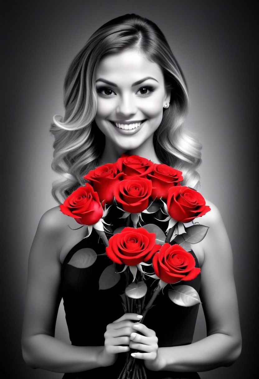 woman smiling, holding a bouque of roses, (Black and white image, Red Accent)
