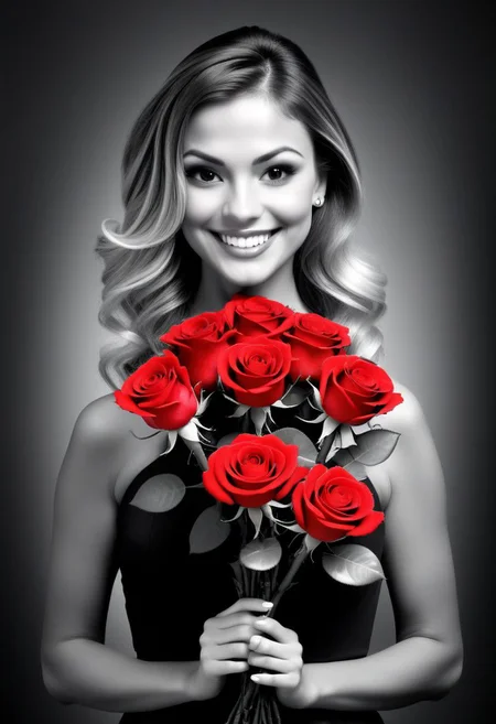 woman smiling, holding a bouque of roses, (Black and white image, Red Accent)