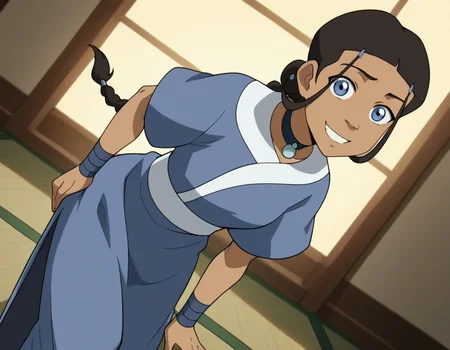 score_9, score_8_up, score_7_up, source_anime, <lora:katara-book2-ponyxl-lora-nochekaiser:1>, katara, long hair, blue eyes, brown hair, black hair, hair ornament, hairclip, braid, single braid, braided ponytail, dark skin, dark-skinned female, choker, short sleeves, robe, blue robe, sash,, indoors, bent over, smile, looking at viewer, solo, cowboy shot, dutch angle
