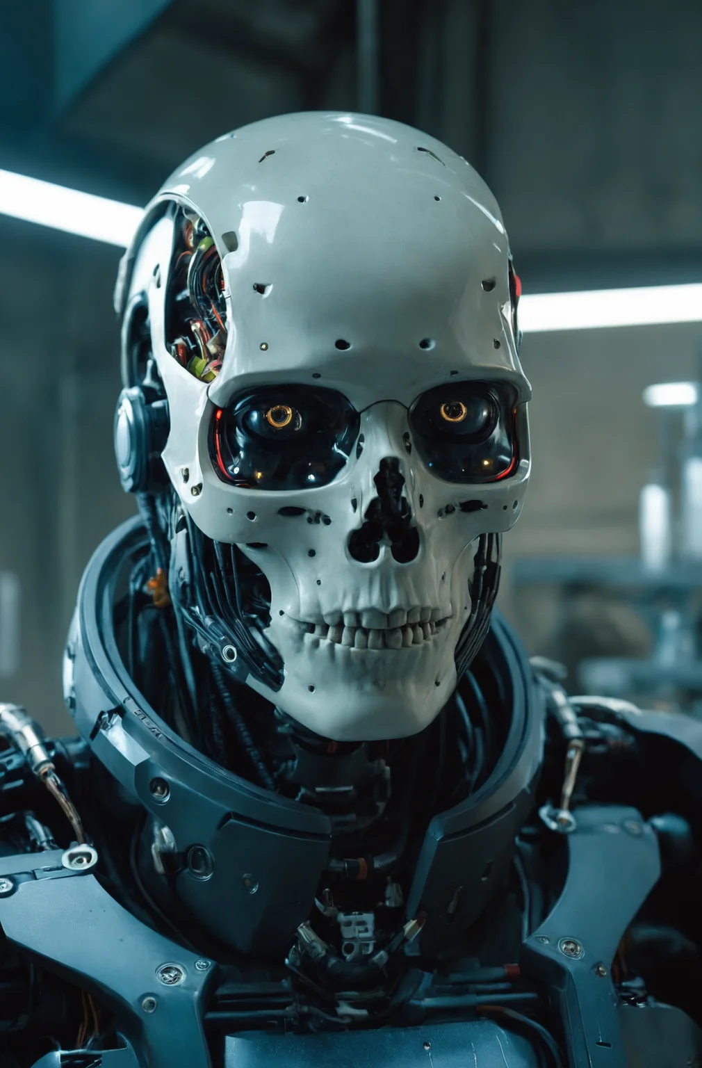 Cyberpunk, sci-fi, dark-fantasy, kodak portrait 400, 8k, soft light, volumetric lighting, highly detailed, britt marling style 3/4, portrait photo of a war man cyborg robot in a chemical laboratory + face, face is skullbone with scares, intricate, elegant, highly detailed, devil-armor, 2D motifs detailed dark fantasy digital painting, artstation, concept art, smooth, sharp focus, illustration, art by Otomo Katsuhiro and ShirÅ Masamune and Oshii Mamoru. Cosmic light in backfront
