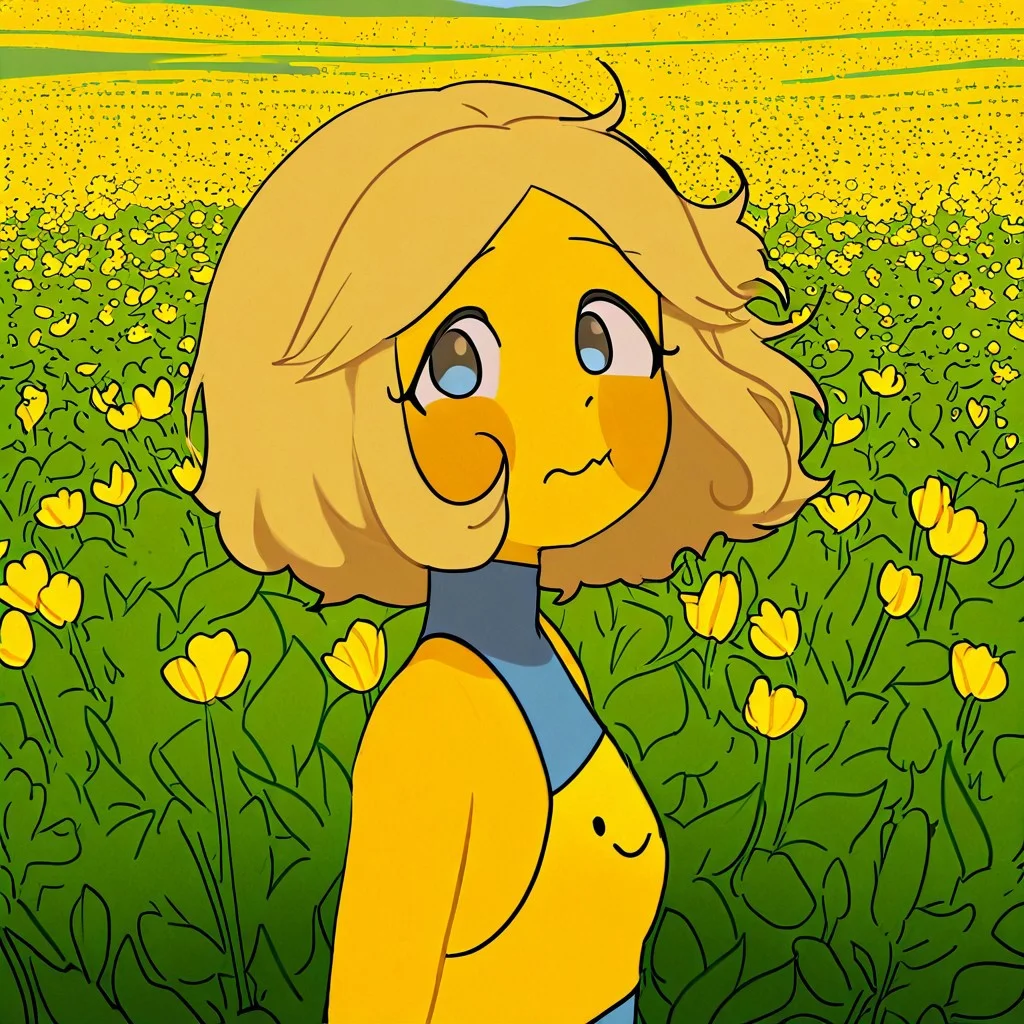 Yunu, 1girl, solo, short wavy light blonde hair with streaks, yellow skin, flushed cheeks, long blue sleeveless shirt that covers her neck, yellow top,
Half body, Yunu smiling while standing sideways and crossing her arms as she looks at the viewer, the wind moving her hair. In the background, a field of flowers with a village